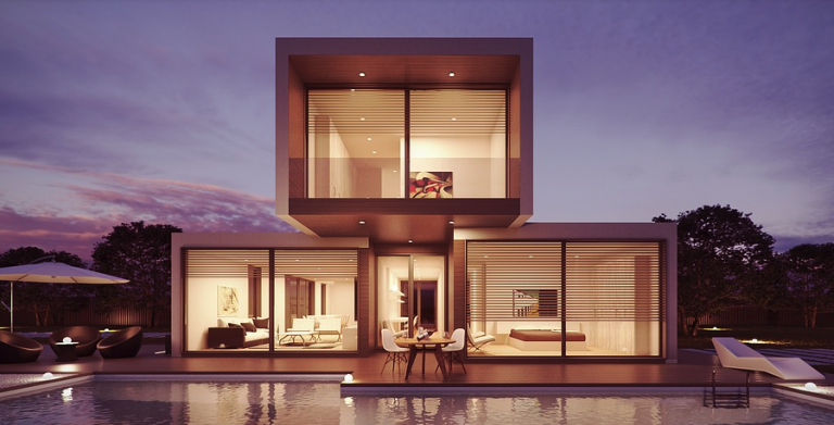 Modern luxury home with big windows and fancy lighting